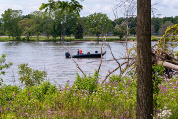 Sticker - Boat With Fishermen On Fox River Near De Pere, Wisconsin