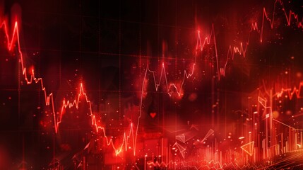 Poster - The red crashing market volatility of crypto trading with technical graph and indicator, red candlesticks going down without resistance,