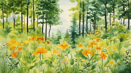 Wall Mural - Watercolor forest landscape with yellow flowers