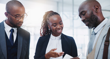 Meeting, planning and business people in office for teamwork, strategy or collaboration. Discussion, corporate and group of African lawyers working on legal company policy review in workplace.