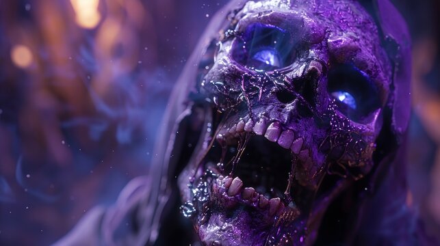  Female Necromancer White Skeleton Face Laughing with Mouth Open in a Purple Bone Armor with Blue Glowing Eyes, in Style of Diablo 4, Purple Hellish Background