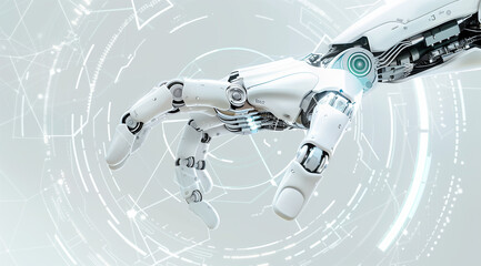 Robotic hand reaching out with futuristic technology symbols on light grey abstract background, fingers highlighted in black or blue.