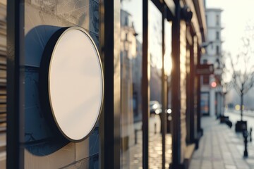 Wall Mural - A blank round signboard mounted on a building exterior with a street background, concept of mock signage for a shop or store