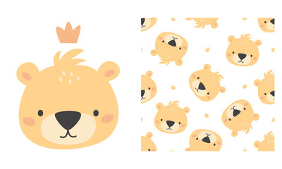 Wall Mural - Vector set for printing on children's products. Cute bear face with crown. Seamless vector pattern on white background . Vector illustration
