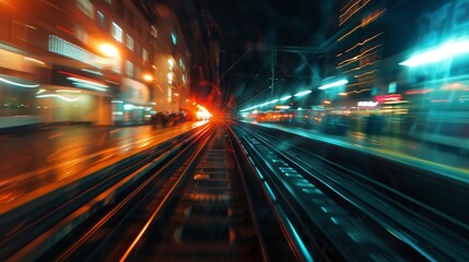 Poster - View from first railway carriage. Speed motion blur metro abstract background at night