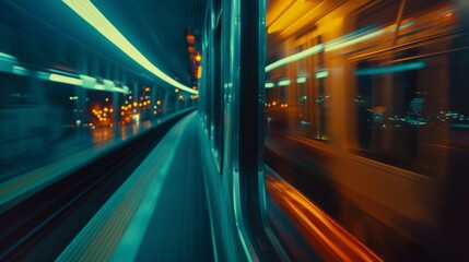 Leinwandbilder - View from first railway carriage. Speed motion blur metro abstract background at night