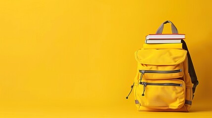 Full school backpack with books isolated on yellow background with copy space