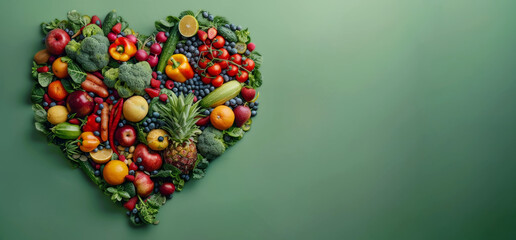 Heart shape made from various fresh fruits and vegetables on green background