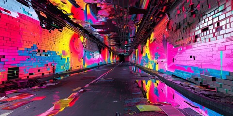 Wall Mural - pixelated tunnel of colorful graffiti art in city