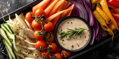 Top-down view of a vibrant vegetable platter with ranch dressing for dipping. Concept Food Photography, Vibrant Colors, Top-Down View, Vegetable Platter, Ranch Dressing