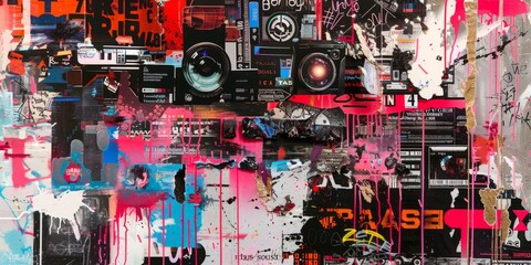 Wall Mural - futuristic collage of torn pages and graffiti art