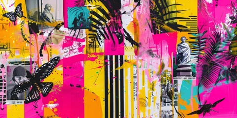 Wall Mural - a vibrant collage of overlapping computer windows, butterflies, and palm leaves