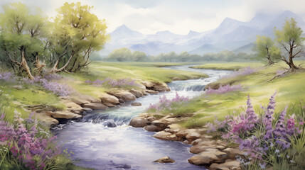 Wall Mural - Watercolor summer stream in the mountains landscape