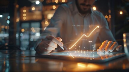 Businessman using a tablet and writing on a virtual graph showing growth, with a rising line chart and arrow pointing up to show the concept of business success.