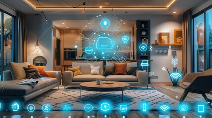 Wall Mural - Living room integrated with smart home technology, showcasing digital icons for various smart functionalities and home automation.