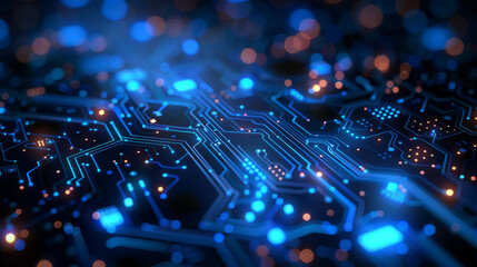 Wall Mural - Close-up of blue circuit traces on a dark background representing modern technology