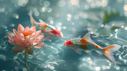 Pink gold lotus water surface and goldfish koi poster background