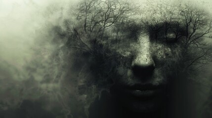 Wall Mural - A woman's face is covered in trees and fog, AI