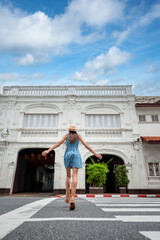 Tourist traveler in city of old town Phuket where most top 1 of tourist place in Thailand, tourist visit place of Thailand