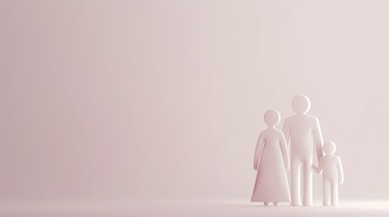 3d render family of three father mother and son represented by simple white silhouettes figures on light pink background copy space