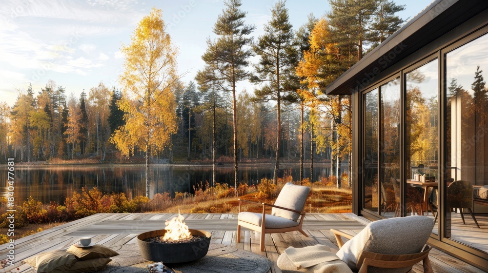 A modern cabin by the lake, with an outdoor fire pit on its wooden deck ...