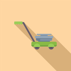 Poster - Flat design vector illustration of a green cartoon lawn mower with long shadow