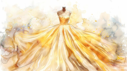 Wall Mural - Watercolor illustration wedding bride dress in gold color