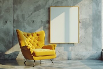 A yellow armchair in a room with concrete walls and a blank white canvas, bright interior, concept of minimalism