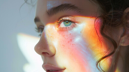 Close-up of a woman's face with colorful light reflections emphasizing her eye and natural beauty.