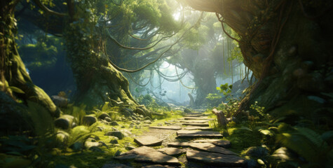 Wall Mural - Forest Trail In Morning Sun Light. Woodland Pathway. Woods With Sunlight. Generative AI