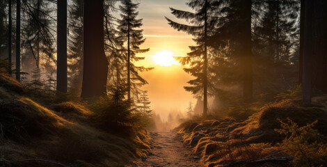 Wall Mural - Mystical Forest with Sunbeams In Morning Fog. Golden Sunrise Over Misty Forest Pathway. Generative AI