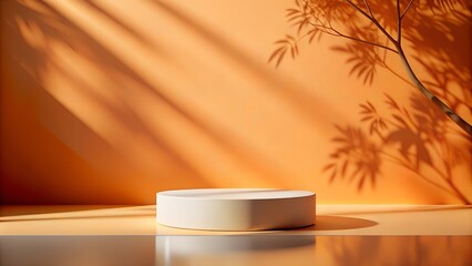  podium for product demonstration. platform on an orange background, shade of plants