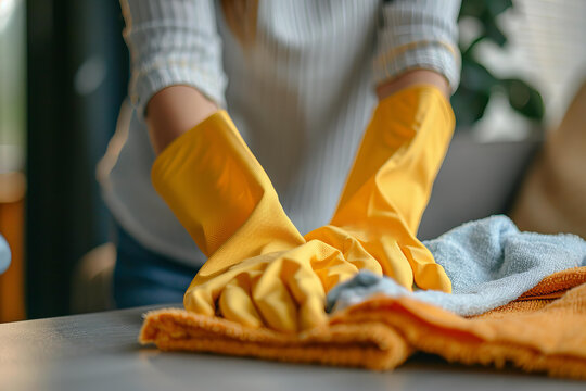 Close-up of female cleaner's gloved hands polishing a table with cloths and spray, representing professional cleaning services.