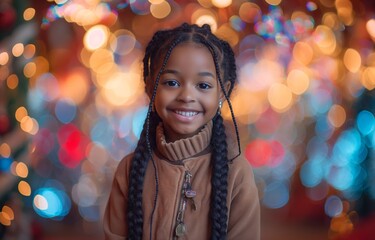 African woman closeup portrait smiling at Christmas festival at night time with bokeh light, winter fun fair happiness time,