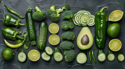 Wall Mural - Avocado lime broccoli green pepper cucumber chilli pepper and zucchini arranged creatively in a flat lay