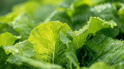 Wall Mural - Close-up of green lettuce leaves with water drops.