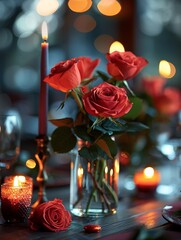 candlelit dinner table adorned with roses and heart-shaped candles, capturing the ambiance of a romantic Valentine's Day dinner. 