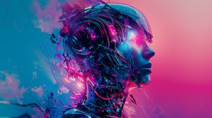 Futuristic digital art piece featuring a neon-colored humanoid figure