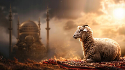 sheep stands in front of a large mosque happy eid-al-adha feast of the sacrifice greeting