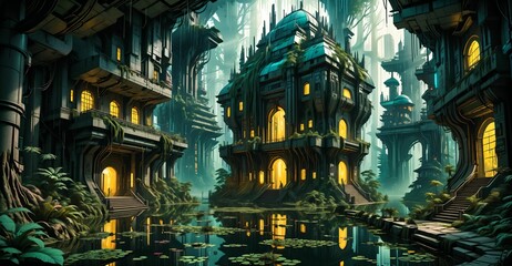 Poster - gothic baroque city monument building in forest island marsh wetland swamp in summer. cyberpunk goth palace castle tower surrounded by water and overgrowth nature landscape.