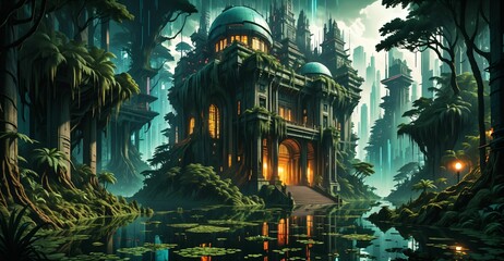 Wall Mural - gothic baroque city monument building in forest island marsh wetland swamp in summer. cyberpunk goth palace castle tower surrounded by water and overgrowth nature landscape.