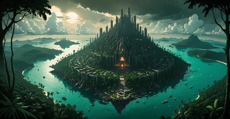 Wall Mural - gothic cyberpunk city base island forest surrounded by ocean sea water. goth futuristic sci-fi town with tropical forest trees landscape.