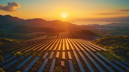 A field of solar panels is illuminated by the sun