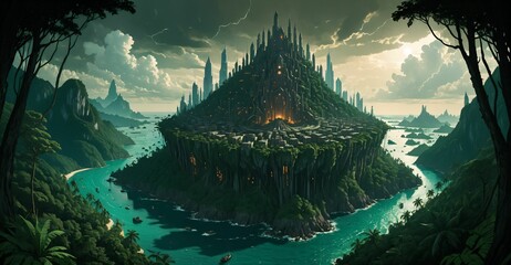 Wall Mural - gothic cyberpunk city base island forest surrounded by ocean sea water. goth futuristic sci-fi town with tropical forest trees landscape.