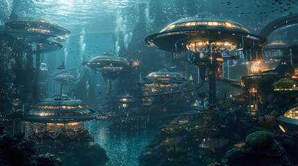 Futuristic underwater city: Design a futuristic underwater city with advanced architecture and marine life. Focus on the harmony between technology and nature. 
