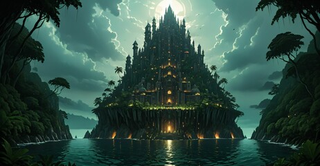 Canvas Print - gothic cyberpunk city base island forest surrounded by ocean sea water. goth futuristic sci-fi town with tropical forest trees landscape.