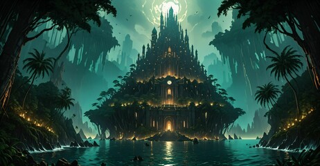 Poster - gothic cyberpunk city base island forest surrounded by ocean sea water. goth futuristic sci-fi town with tropical forest trees landscape.