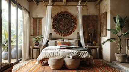 Wall Mural - This image highlights an elegant and sophisticated modern African bedroom, featuring a luxurious four-poster bed adorned with flowing silk drapes, exuding contemporary charm and style.