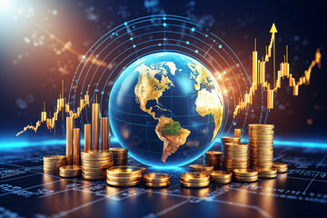 Wall Mural - 3D Earth combined with stacked gold stock market charts Creative chart