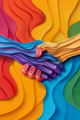 Wall Mural - Bright vector paper cut illustration of a handshake, limited to five harmonious colors, ideal for celebrating Friendship Day